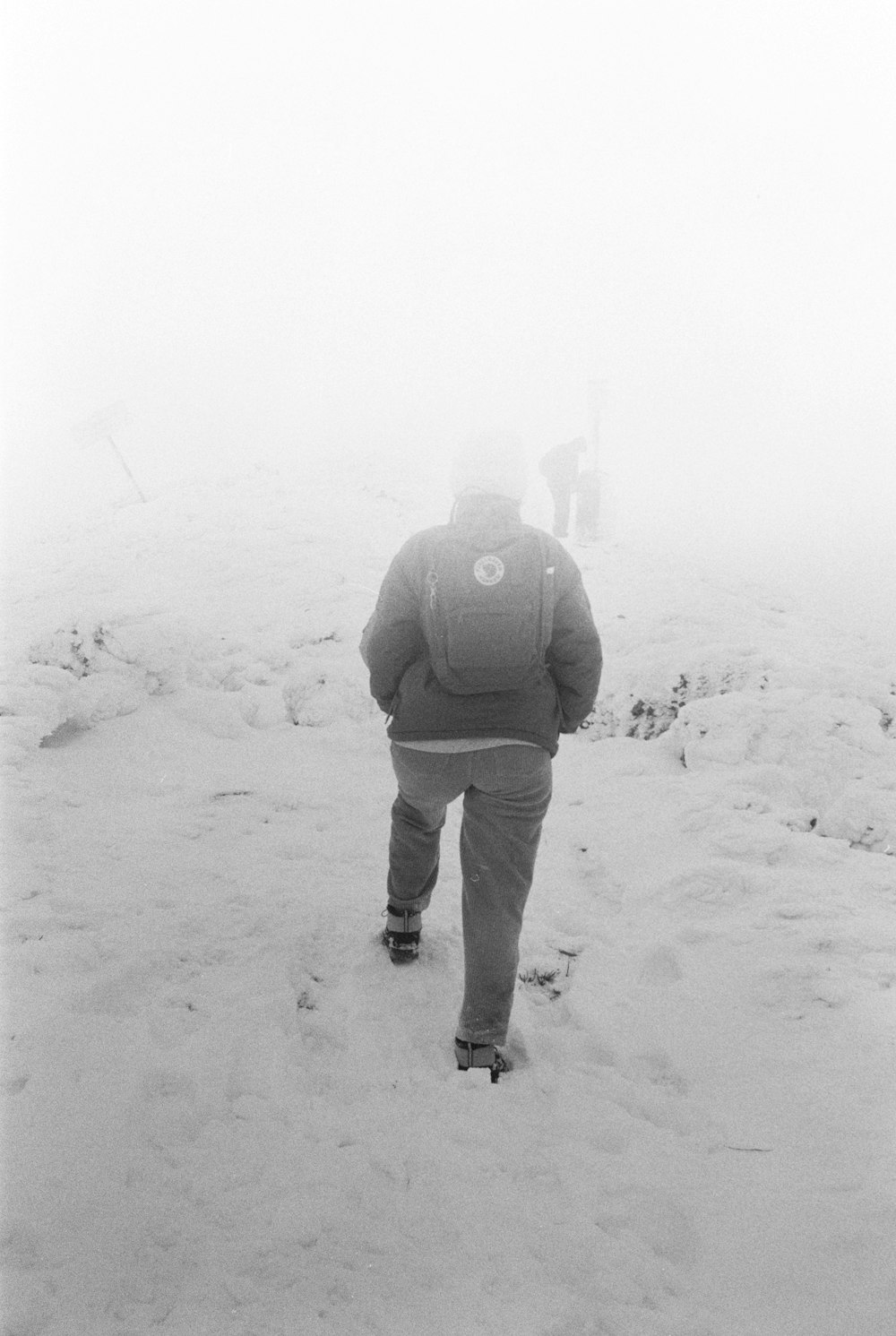 a person walking in the snow on a foggy day