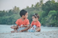 Two young children, possibly siblings, sit together on a beach. Both are wearing matching orange shirts with a print of a cute animal face. The child on the left is slightly older, while the one on the right wears a headband. They are sitting on the sandy shore with a backdrop of lush green trees and calm water.
