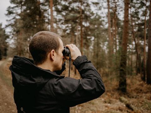 A person is standing in a forested area, holding binoculars up to their eyes. The background consists of tall trees with brown trunks and sparse green foliage. The person is wearing a black jacket.