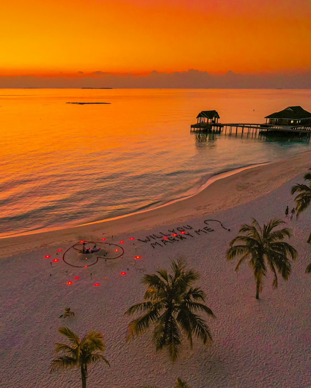 a beach with palm trees and a pier at sunset