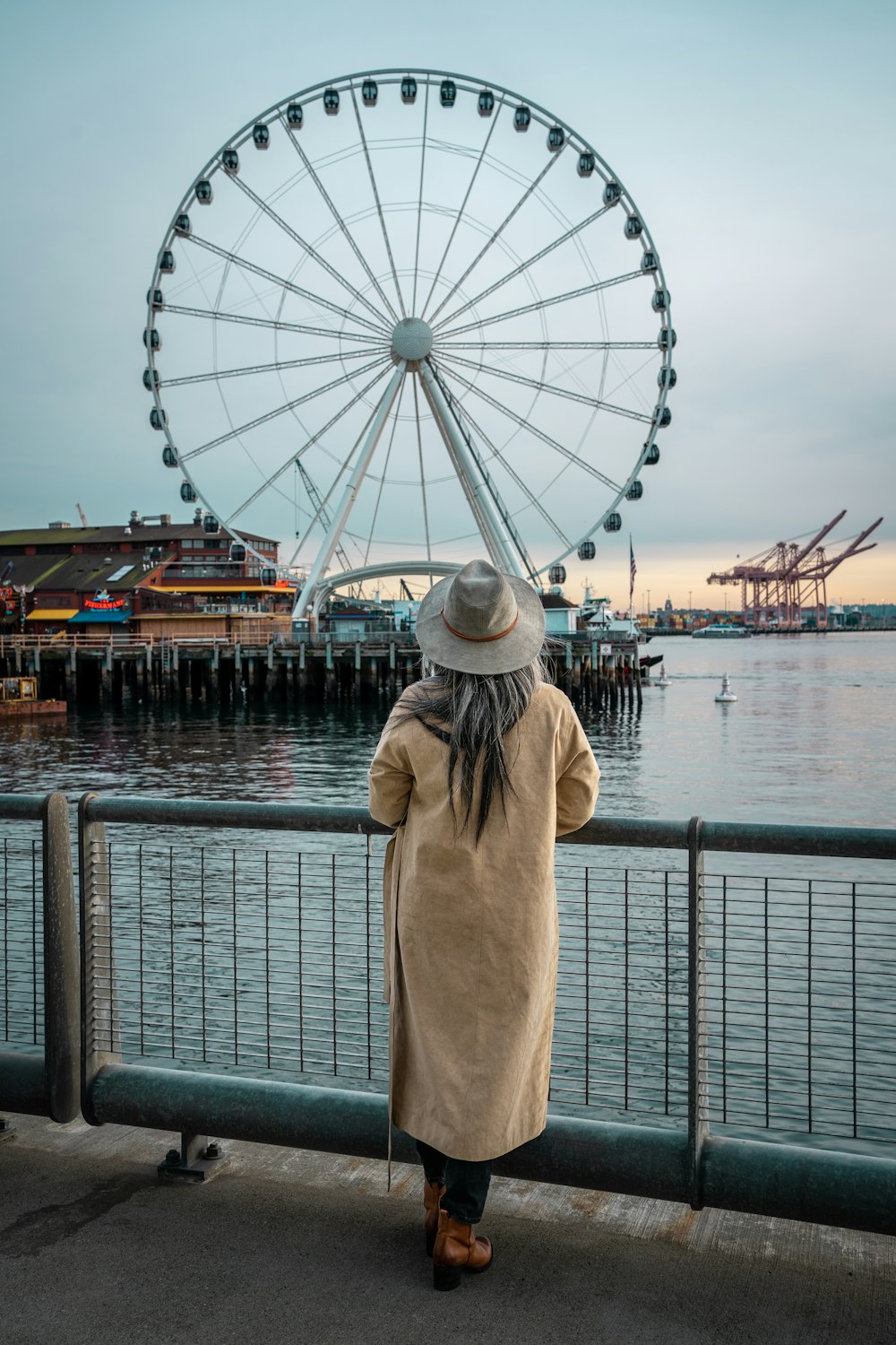 Una donna che guarda una ruota panoramica su un molo