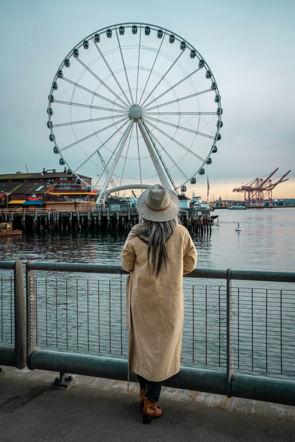 a woman looking at a ferris wheel on a pier