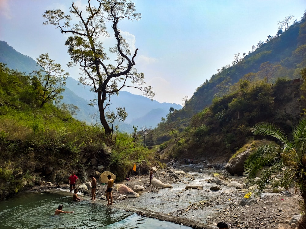 a group of people are wading in a river