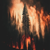 Tall, silhouetted pine trees stand against a backdrop of intense orange flames and thick smoke, indicating a forest fire consuming the area.