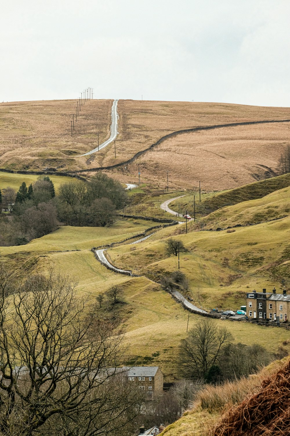 a winding road in the middle of a hilly area