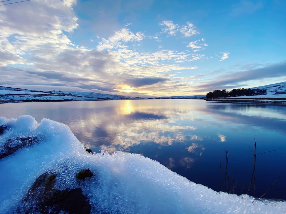 a body of water surrounded by snow covered ground