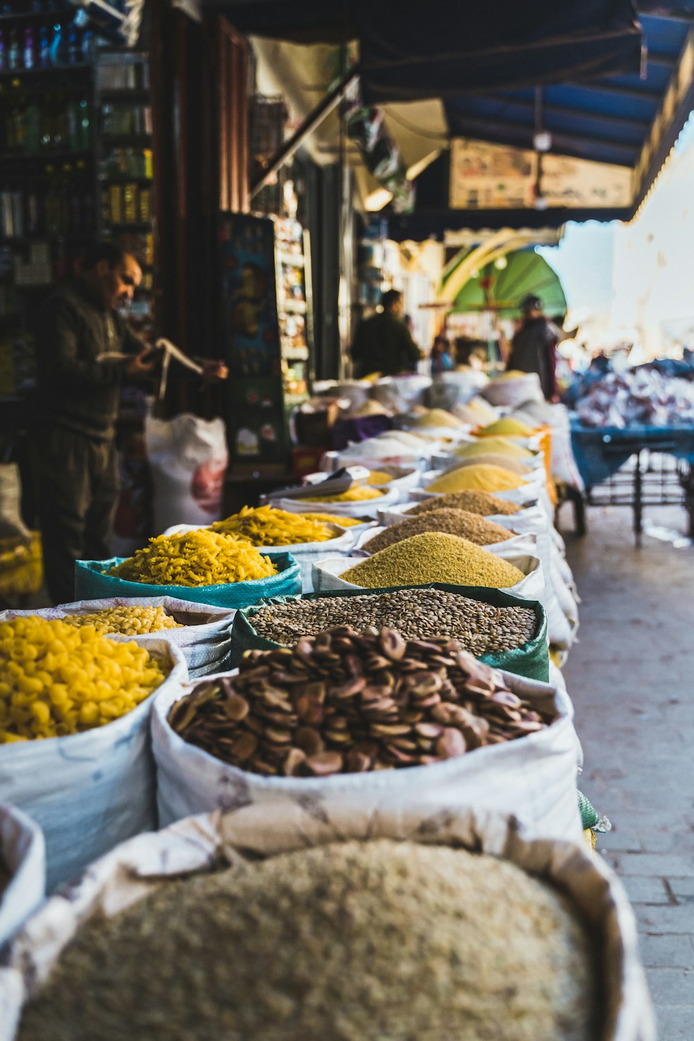 a row of bags filled with lots of food