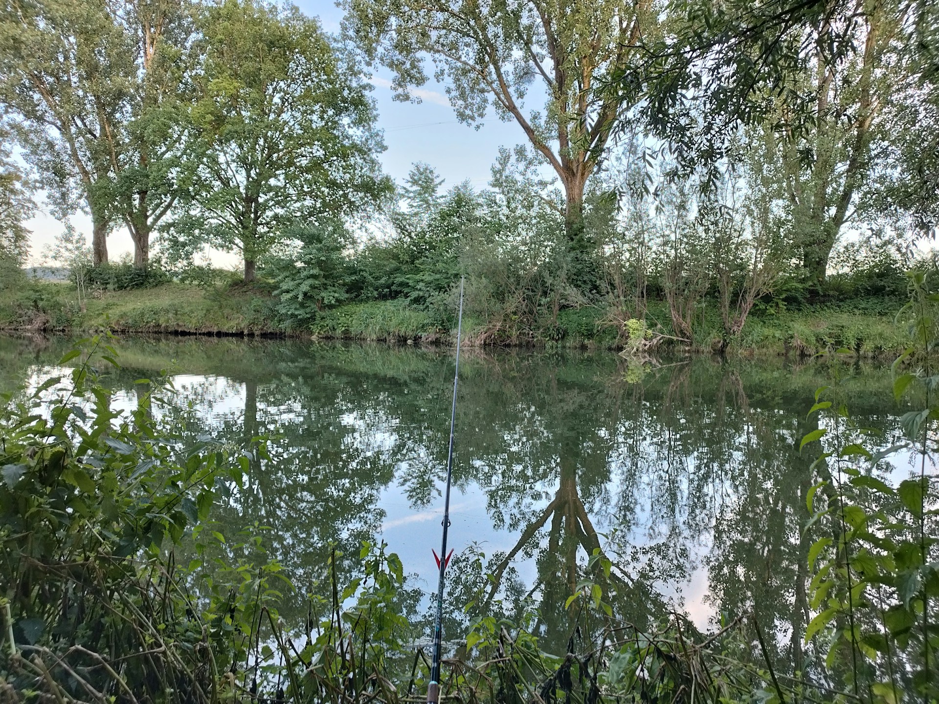 A serene tropical river scene at Río San Carlos with lush green vegetation and a fisherman casting a line.