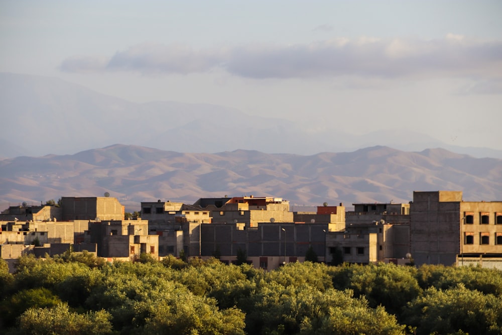 a view of a city with mountains in the background