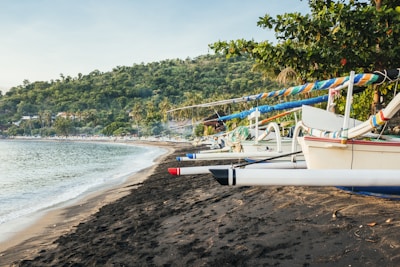 Traditional fishing boats anchored near a sandy Cat Ba beach.