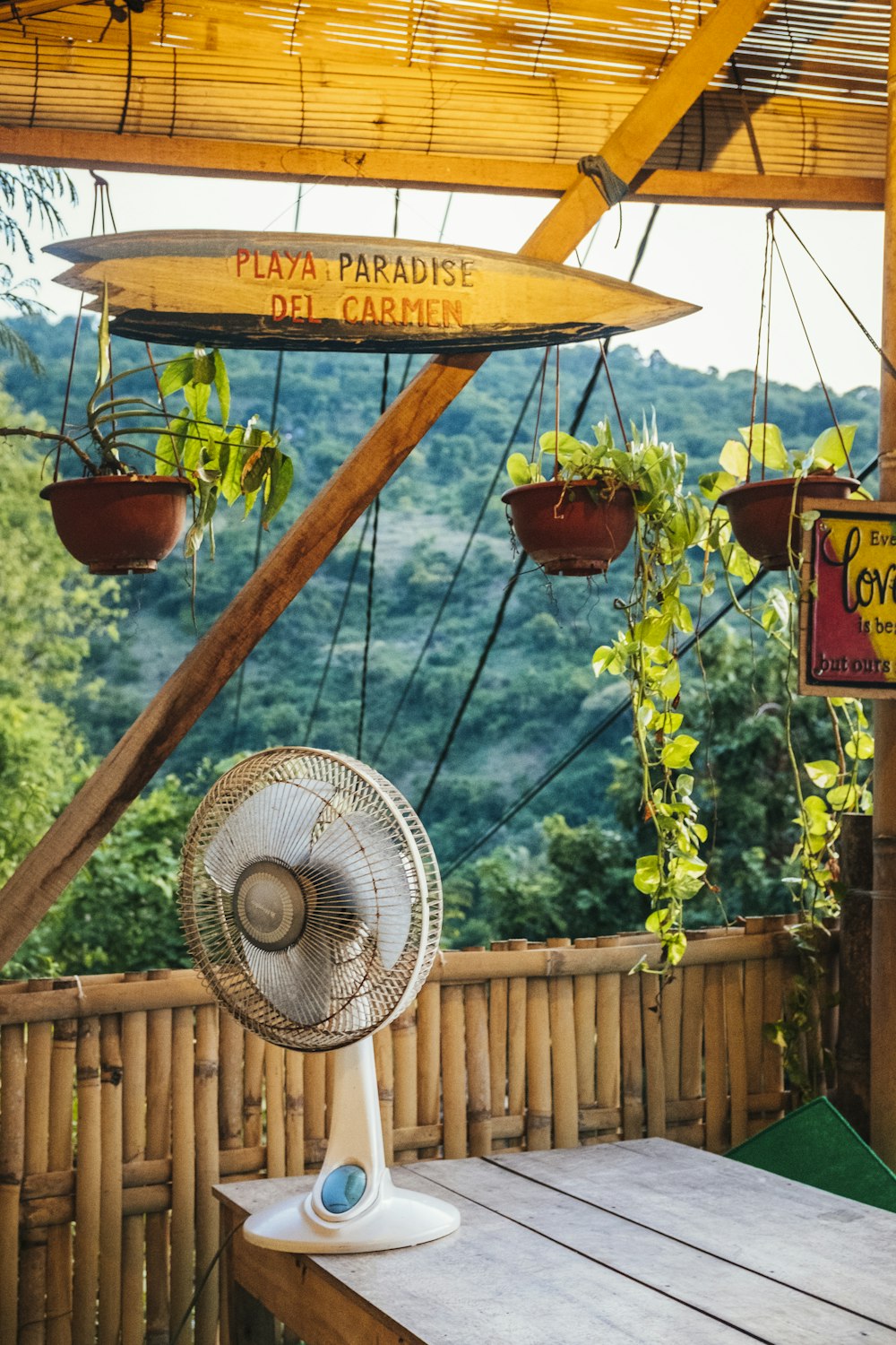 a table with a fan on top of it