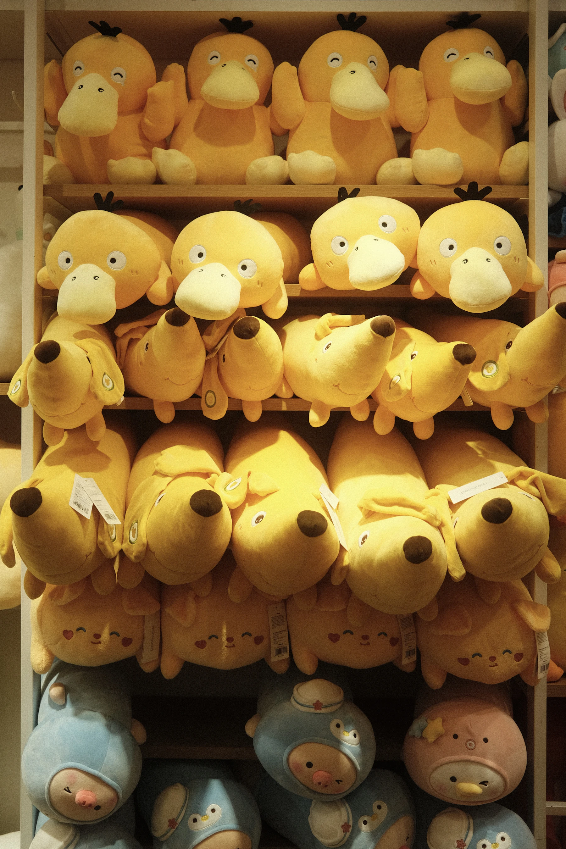 Shop shelves stacked with rows of yellow plush toys, paper hang tags showing on several