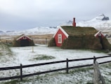 A rural scene features two turf-covered houses with red facades, set against a backdrop of snow-covered fields and mountains. The landscape is open and expansive, with a wooden fence delineating the property. The sky is overcast, casting a cold and serene atmosphere over the area.
