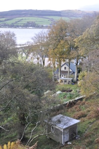 A small cottage surrounded by autumn trees rests on a hillside overlooking a body of water. The landscape features rolling hills in the background, with a mixture of bare and leaf-covered trees in the foreground. The scene is tranquil and secluded, with a smaller shed structure nearby.