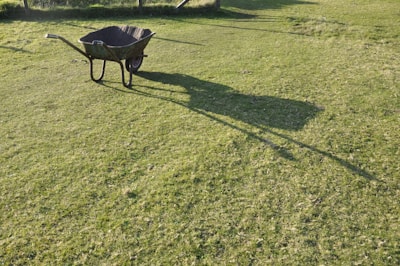 Каруца върху морава, подготвяща се за вертикутирaне на тревата и аерация на почвата.