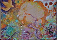A vibrant and abstract painting featuring various animals like an owl, bird, turtle, and possibly other creatures. The artwork includes swirling patterns and intricate details with a mixture of celestial and organic elements. Bright colors and dynamic movement give the image a lively and whimsical feel.