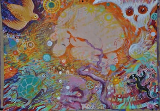 A vibrant and abstract painting featuring various animals like an owl, bird, turtle, and possibly other creatures. The artwork includes swirling patterns and intricate details with a mixture of celestial and organic elements. Bright colors and dynamic movement give the image a lively and whimsical feel.