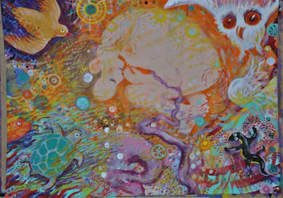 A vibrant, hand-drawn style coloring page featuring whimsical animals and floral patterns.