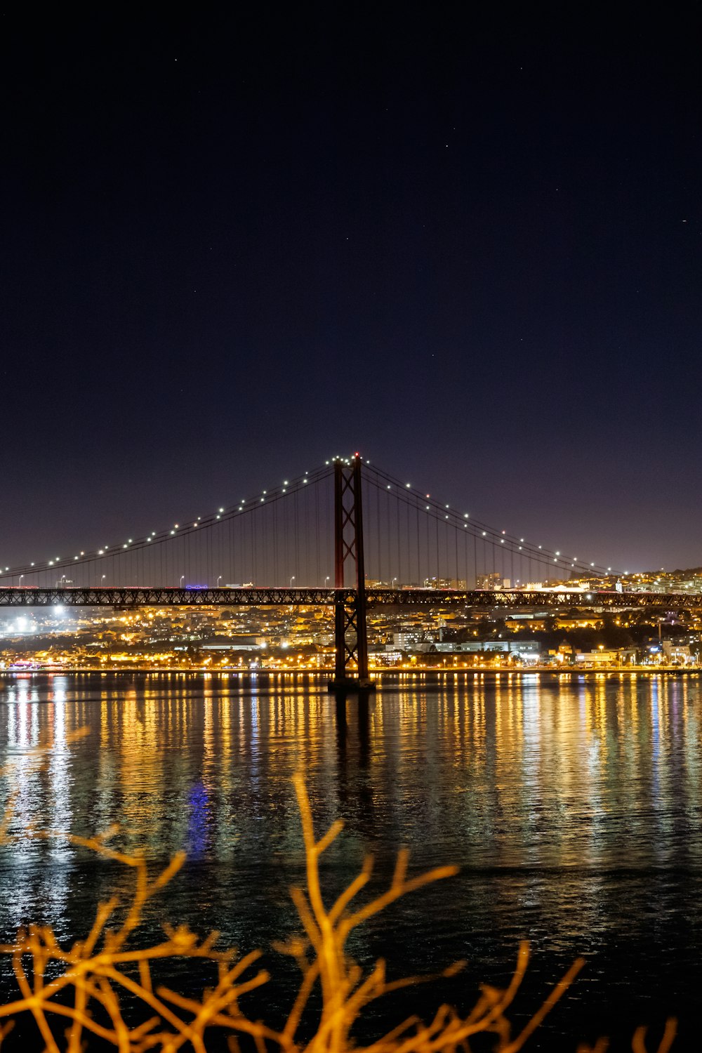 the bay bridge is lit up at night