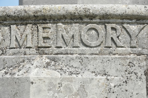 Carved stone surface with the word 'MEMORY' prominently etched in large, bold letters. The stone exhibits weathering and mossy growth, suggesting it has been exposed to the elements for an extended period of time.