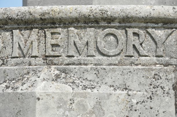 Carved stone surface with the word 'MEMORY' prominently etched in large, bold letters. The stone exhibits weathering and mossy growth, suggesting it has been exposed to the elements for an extended period of time.