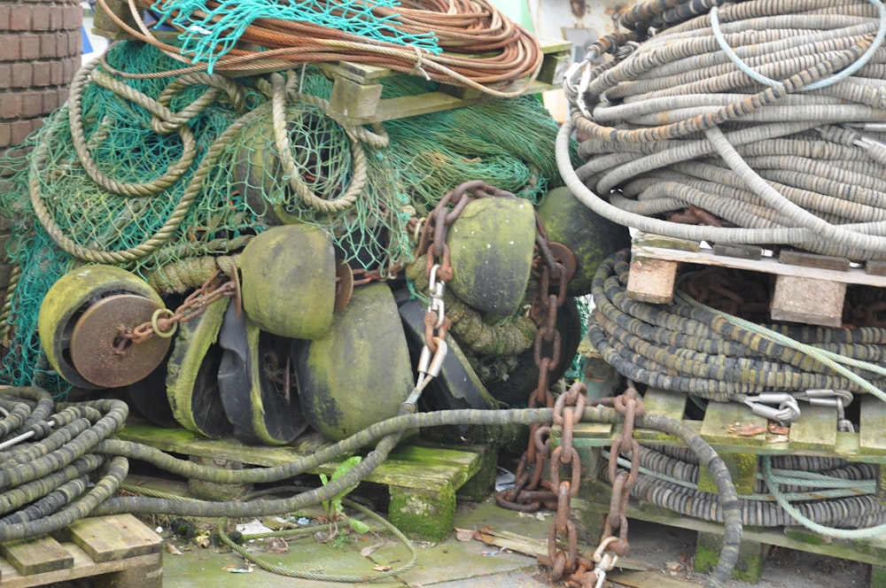 a pile of old fishing nets and ropes