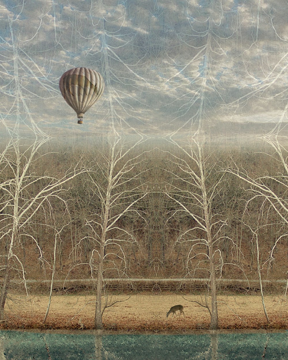 a painting of trees and a hot air balloon