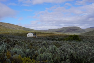 A solitary white house is situated in a vast, lush landscape filled with dense greenery and shrubs. The scene is set against a backdrop of rolling hills under a partly cloudy sky. The area is remote and natural, creating a sense of isolation.