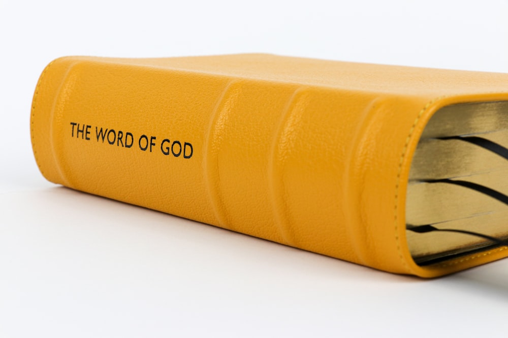a yellow book with the word of god written on it