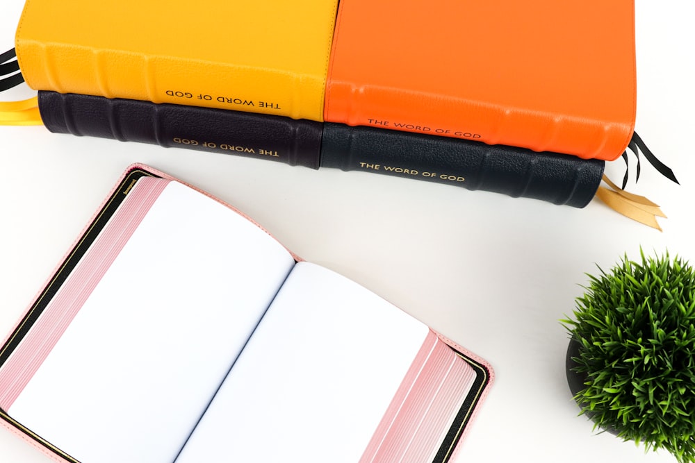 a notebook and pen sitting next to a potted plant