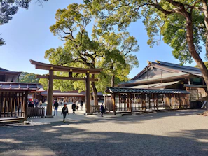 A serene temple courtyard in Kyoto with visitors quietly exploring its historic beauty.