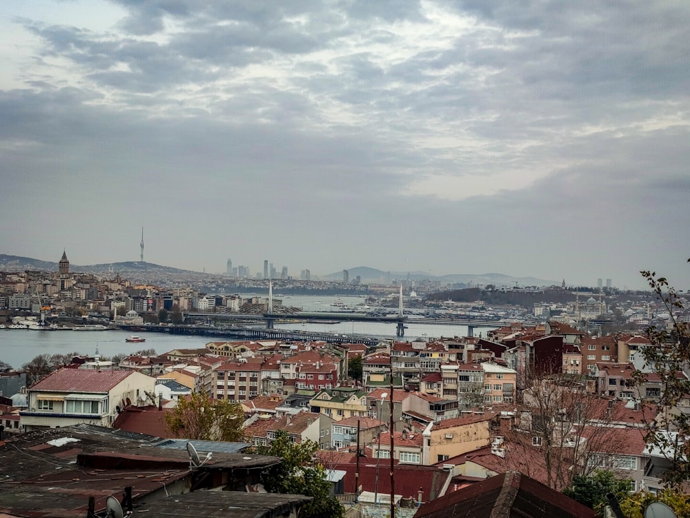 a view of a city with a bridge in the distance