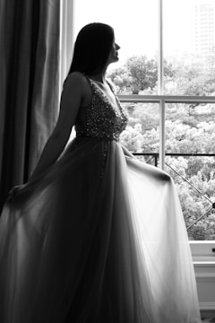 A woman in a flowing, intricate gown stands gracefully near a window. Her silhouette is prominent against the light outside, which illuminates her dress and the greenery beyond. The beaded bodice of the dress catches the light, adding a touch of elegance.