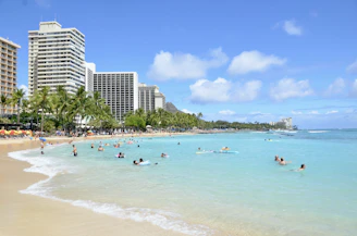 a beach with people swimming in the water