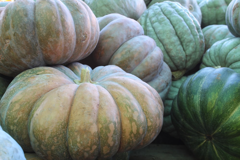 a pile of green and yellow pumpkins sitting next to each other