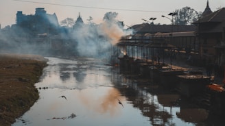 a body of water with steam rising from it
