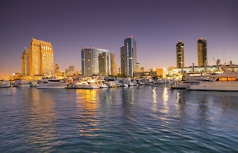 A serene harbor at dusk with luxury yachts docked in the foreground. Skyscrapers with illuminated windows rise in the background against a darkening sky. The water reflects the city lights, creating a calm and sophisticated atmosphere.