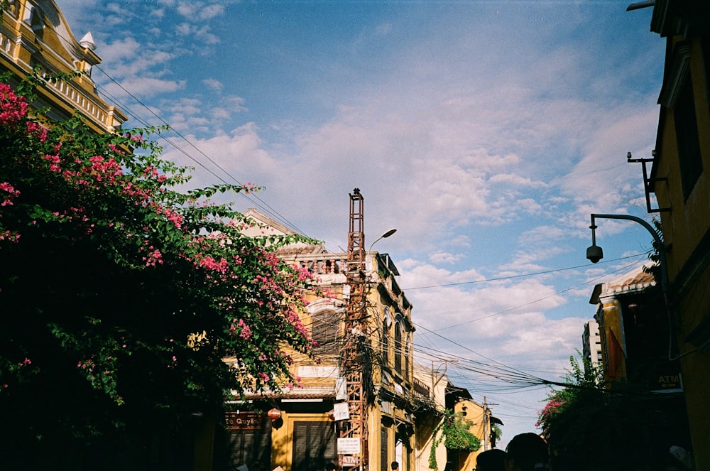 a city street with buildings and a traffic light