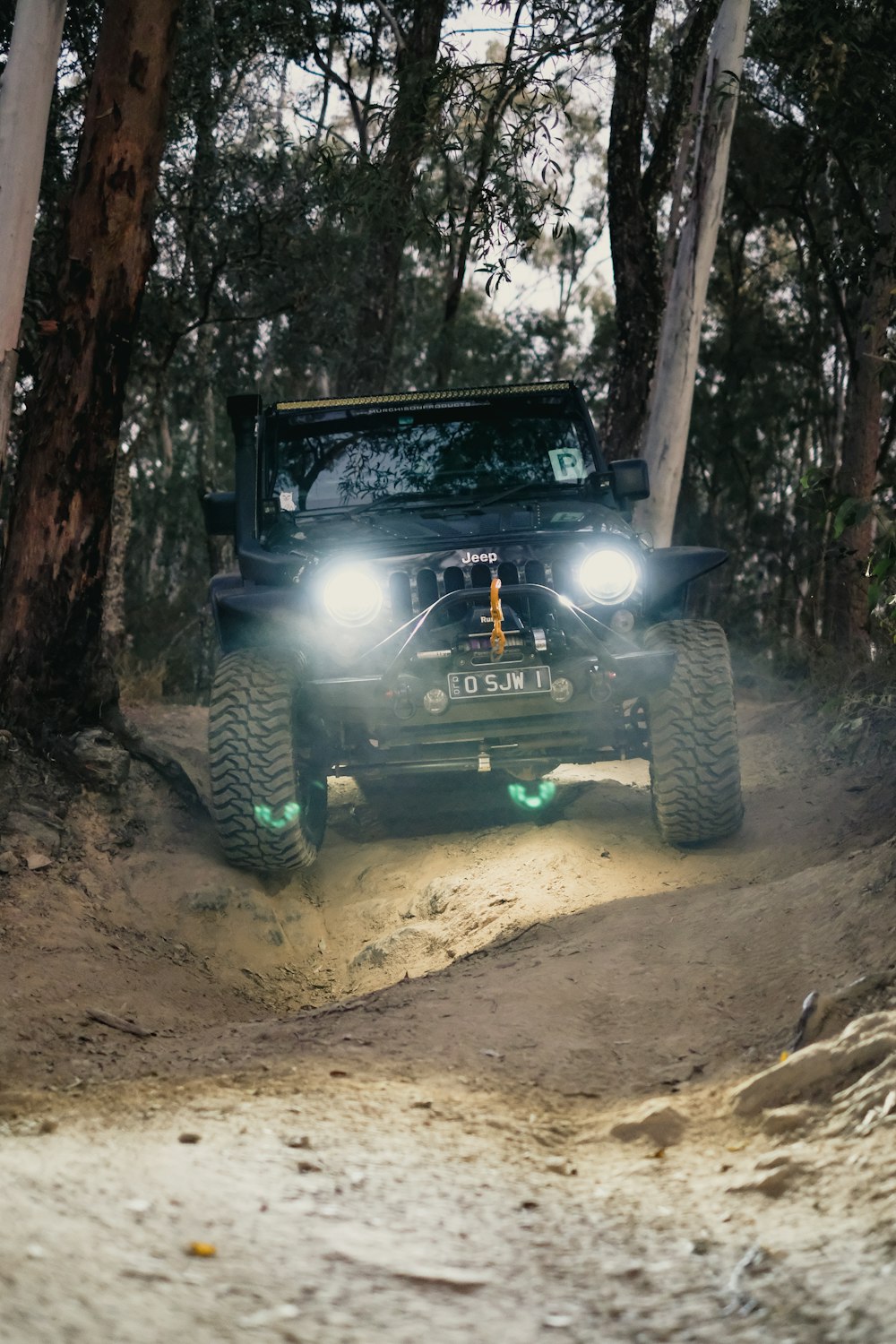 a jeep driving down a dirt road in the woods