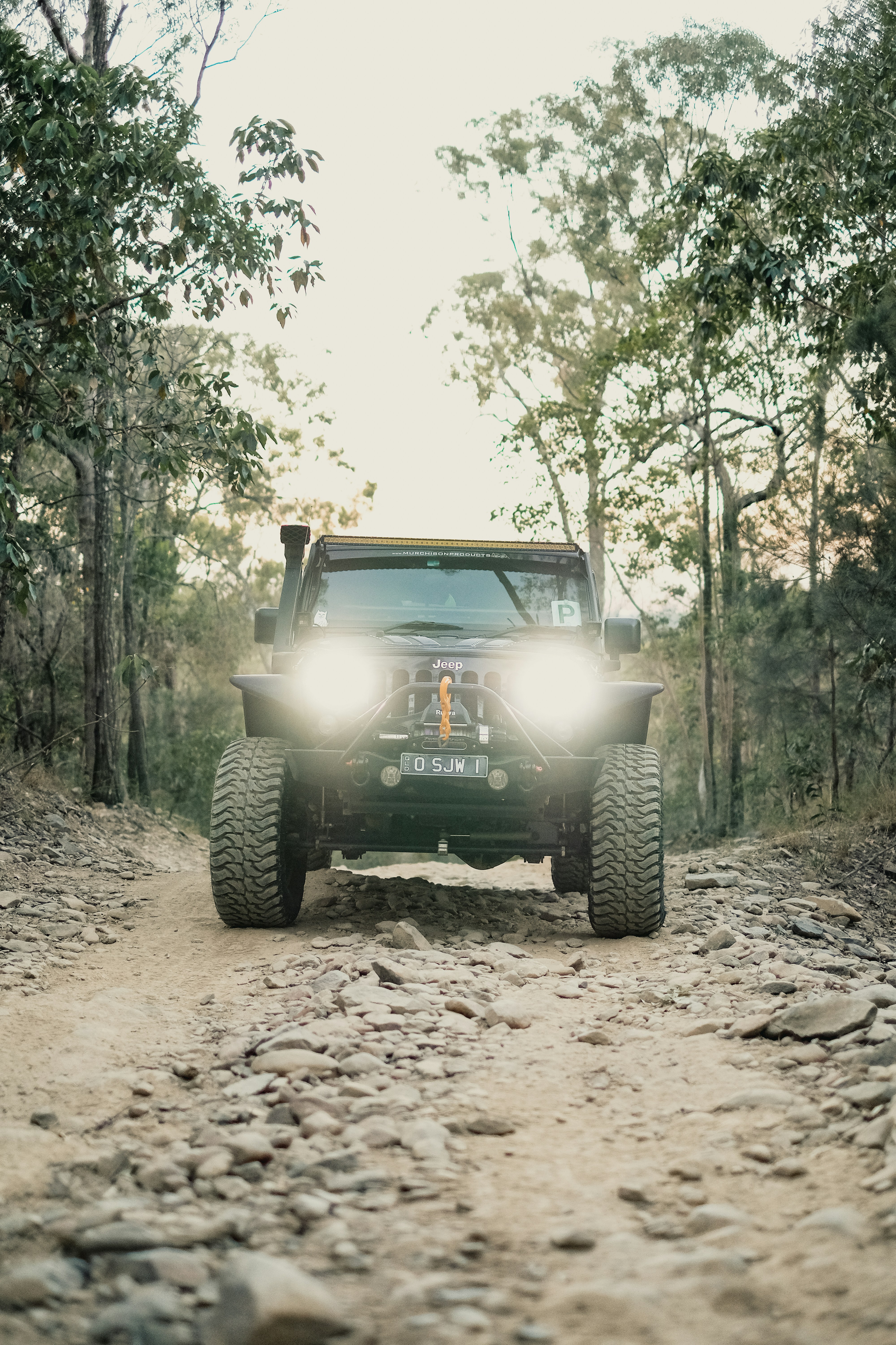 a jeep driving down a dirt road in the woods
