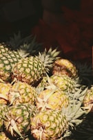 Golden dried pineapple rings stacked neatly with fresh green leaves in the background.