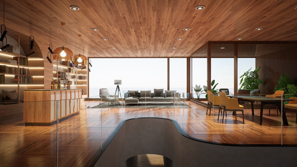 a living room with a wooden ceiling and floor