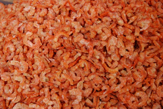 Heap of dried shrimp heads ready for processing, highlighting texture and color.