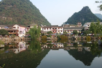 a small town with a lake in front of it