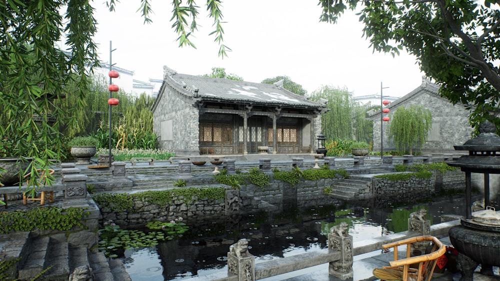 a building with a pond in front of it