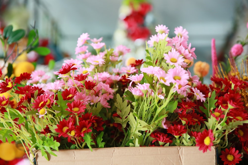 a bunch of flowers that are in a box