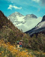 Two hikers with large backpacks are walking through a vibrant forest meadow filled with yellow wildflowers. In the background, a towering snow-capped mountain rises majestically against a clear blue sky, partially shrouded by drifting clouds.
