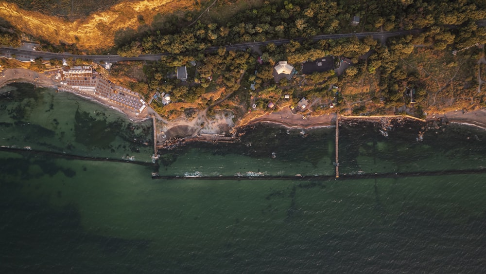 an aerial view of a large body of water