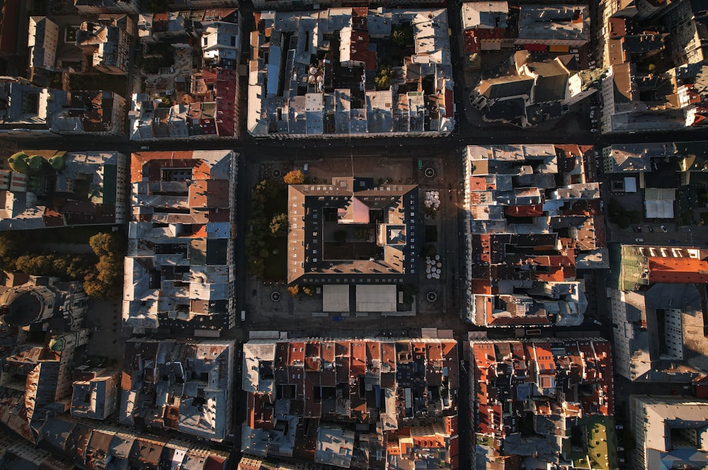 an aerial view of a city with lots of buildings