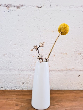 A minimalistic arrangement featuring a single white vase placed on a wooden surface, holding a bare branch of small buds and a stem with a single round, yellow flower against a textured white brick wall.